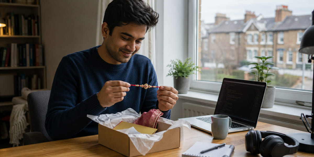 Brother in the UK receiving a Rakhi sent from Mumbai