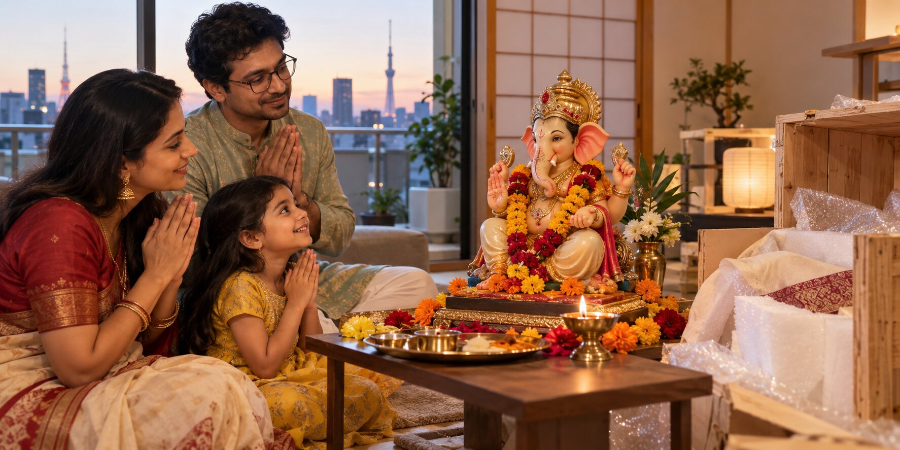 Family in Japan welcoming Ganpati Bappa from India