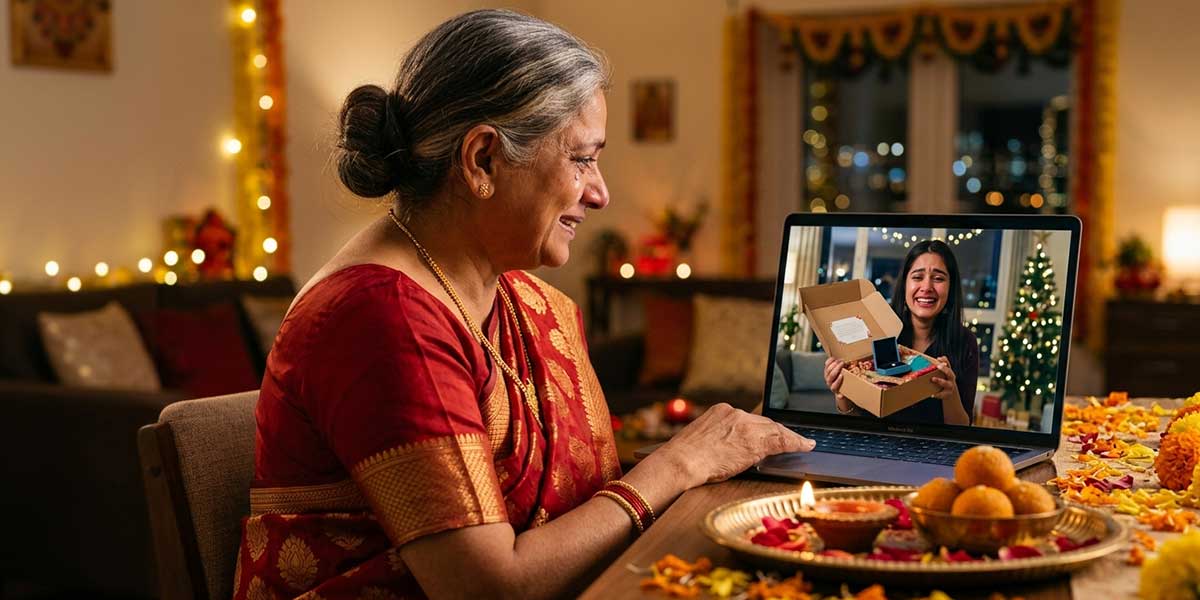 A mother sharing Navratri gifts with her daughter abroad